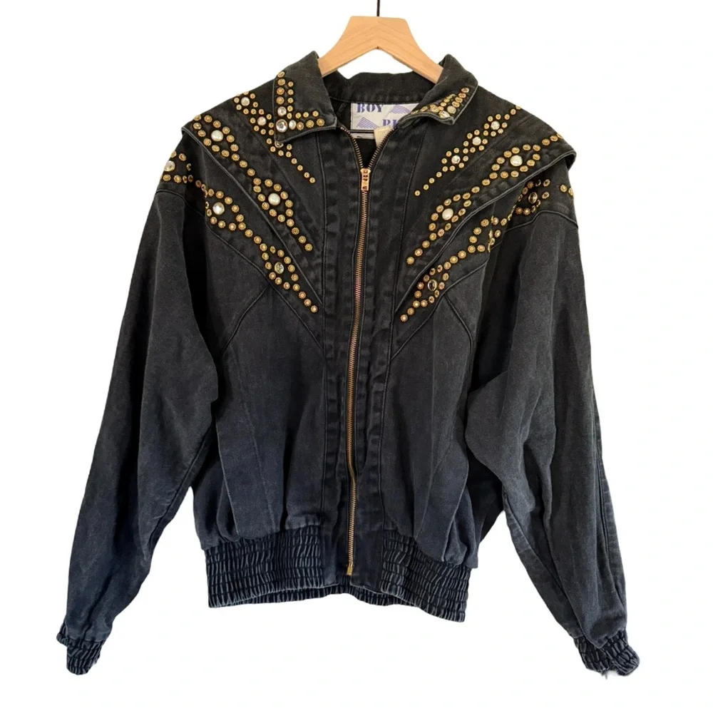 Vintage Boy Blue Studded Black Denim Bomber Jacket Zip Front Statement Coat‎